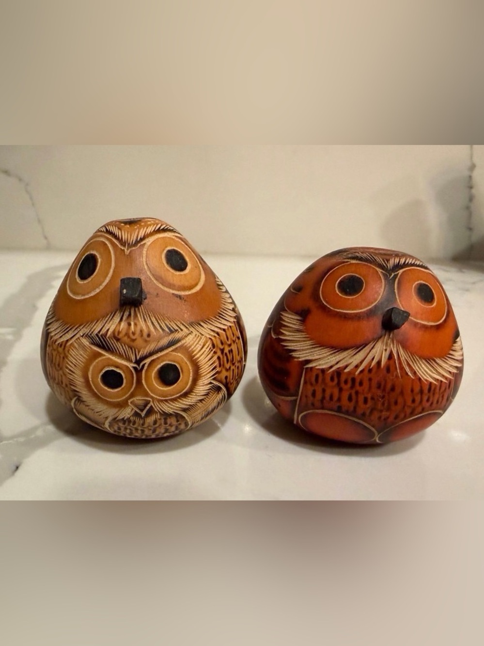 Vintage 1980s Hand Carved Peruvian Gourd Owl Figurines Pair